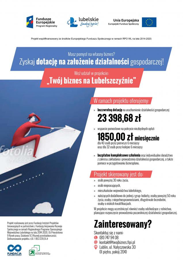 „TWÓJ BIZNES NA LUBELSZCZYŹNIE”. Bezzwrotne dotacje na założenie własnej firmy.