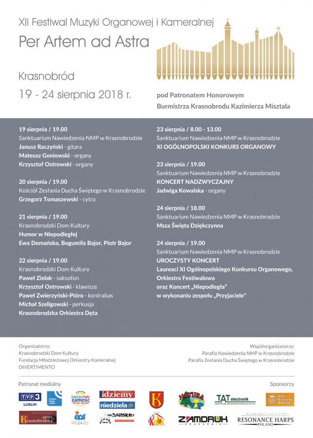 Zaproszenie na XII Festiwal Muzyki Organowej i Kameralnej "Per Artem ad Astra" -  Krasnobród 2018