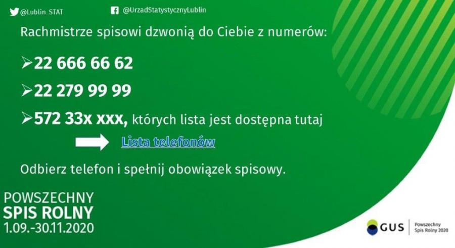 Informacja o numerach telefonów, z których realizowane są wywiady telefoniczne w ramach Powszechnego Spisu Rolnego 