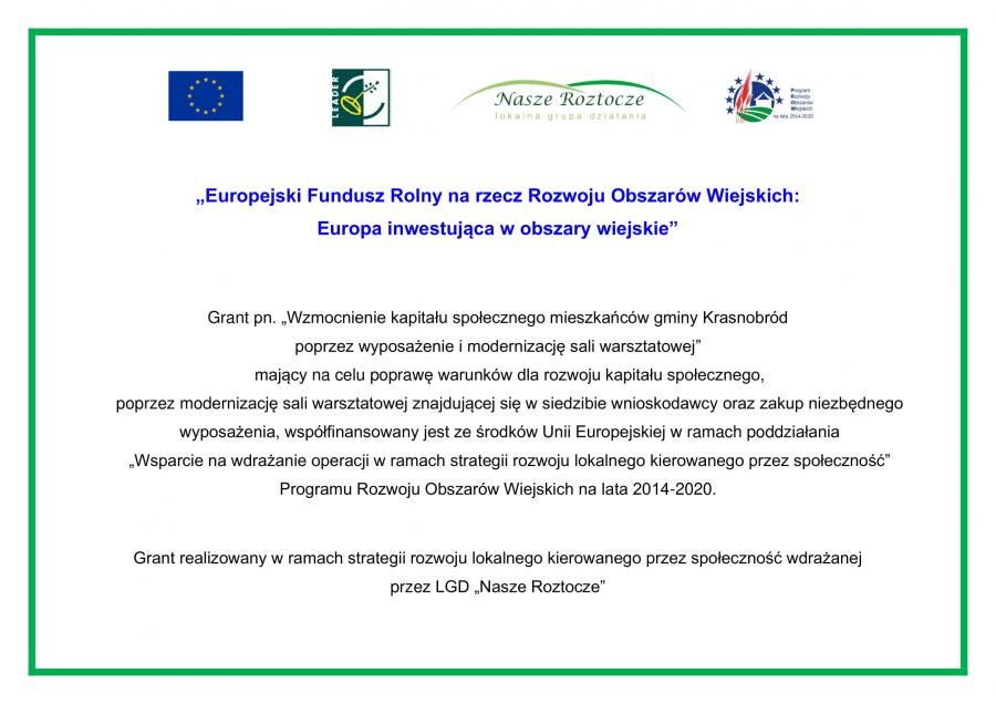 Zakończono realizację projektu pn. Wzmocnienie kapitału społecznego mieszkańców gminy Krasnobród poprzez wyposażenie i modernizację sali warsztatowej