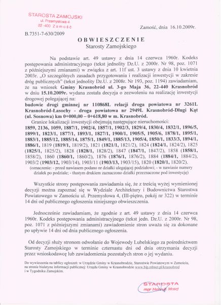 Obwieszczenie Starosty Zamojskiego