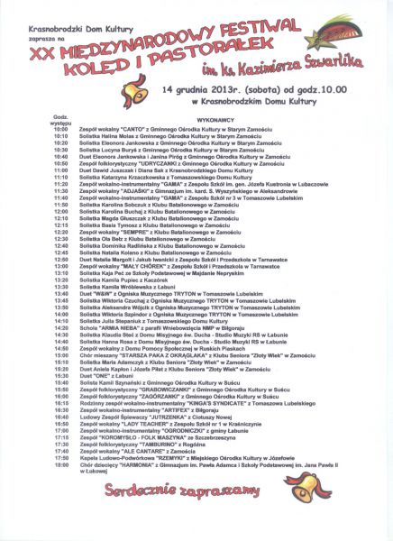 XX Międzynarodowy Festiwal Kolęd i Pastorałek - Będzin 2014 - Uczestnicy Eliminacji w Krasnobrodzie