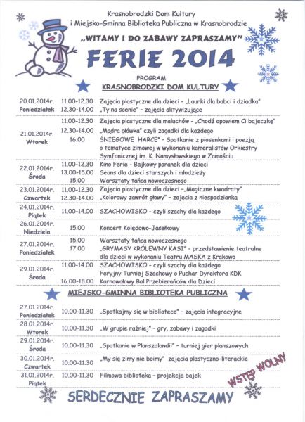 FERIE 2014 - Serdecznie zapraszamy!