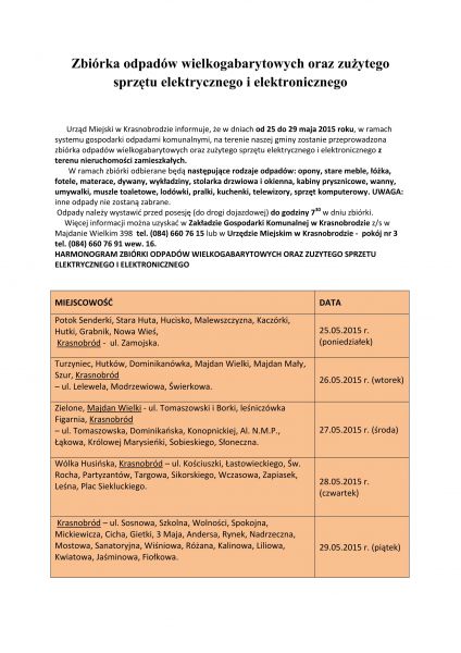 Zbiórka odpadów wielkogabarytowych oraz zużytego sprzętu elektrycznego i elektronicznego